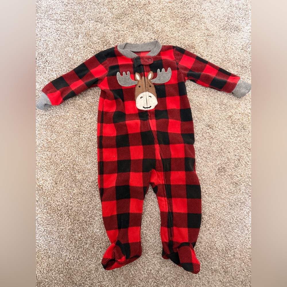 Carter's Red and Black Plaid Footie with Moose
